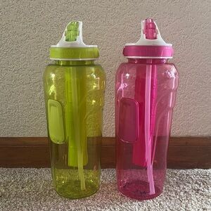 Pink and Green Water Bottles with Straws